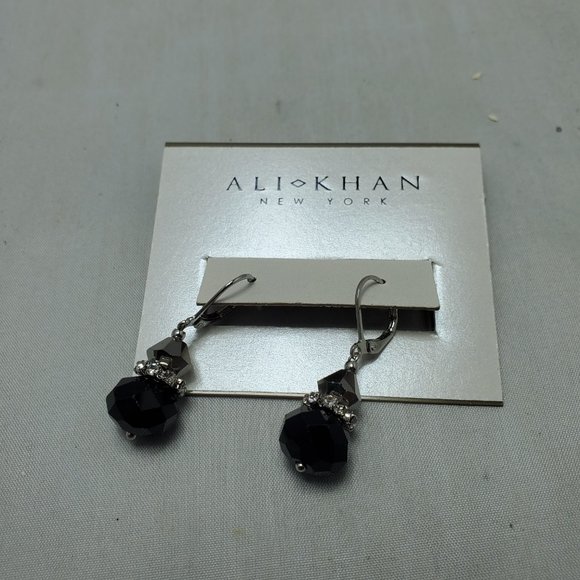 ALI KHAN  imperial black silver French wire with rhinestone spacer earring - Picture 3 of 5